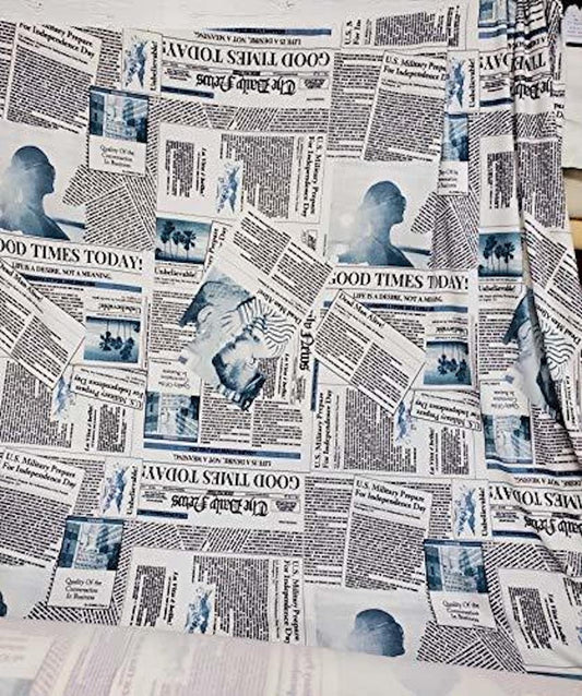 Blue and White Newspaper Fashion Print Cotton Spandex 58" Wide