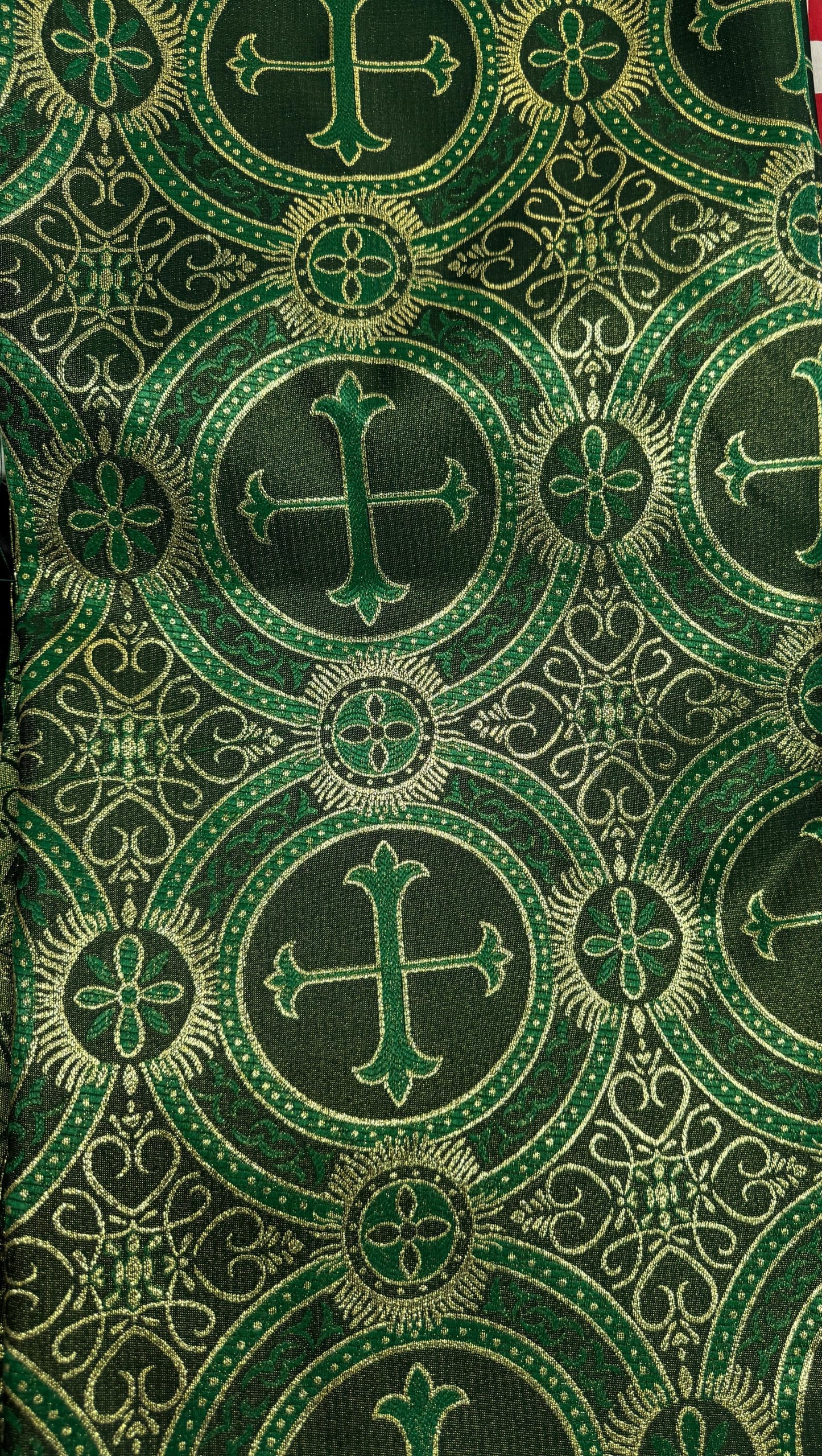 Liturgical Brocade,Church Gorgeous Cross acetate brocade Fabric Cross Brocade Hunter Green/Gold 58" Wide