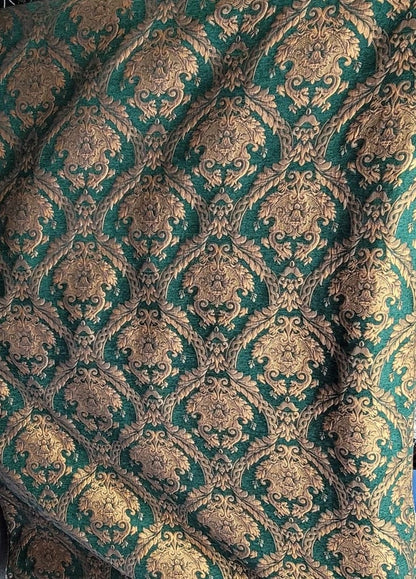 Chenille BAROQUE UPHOLSTERY Fabric Jacquard Damask, 58" wide ,color Green/gold, Reversible, sold by yard in continuous yards