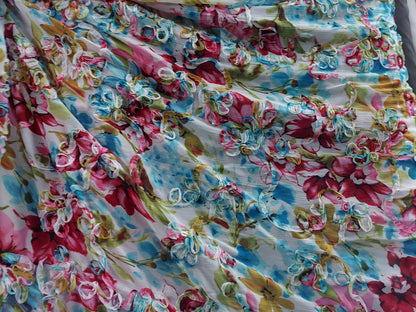 ad Poly Fabric Crinkle Chiffon Yuryo Beautiful Floral embroider Abstract  Ruffle multicolor. 58" wide sold by yard