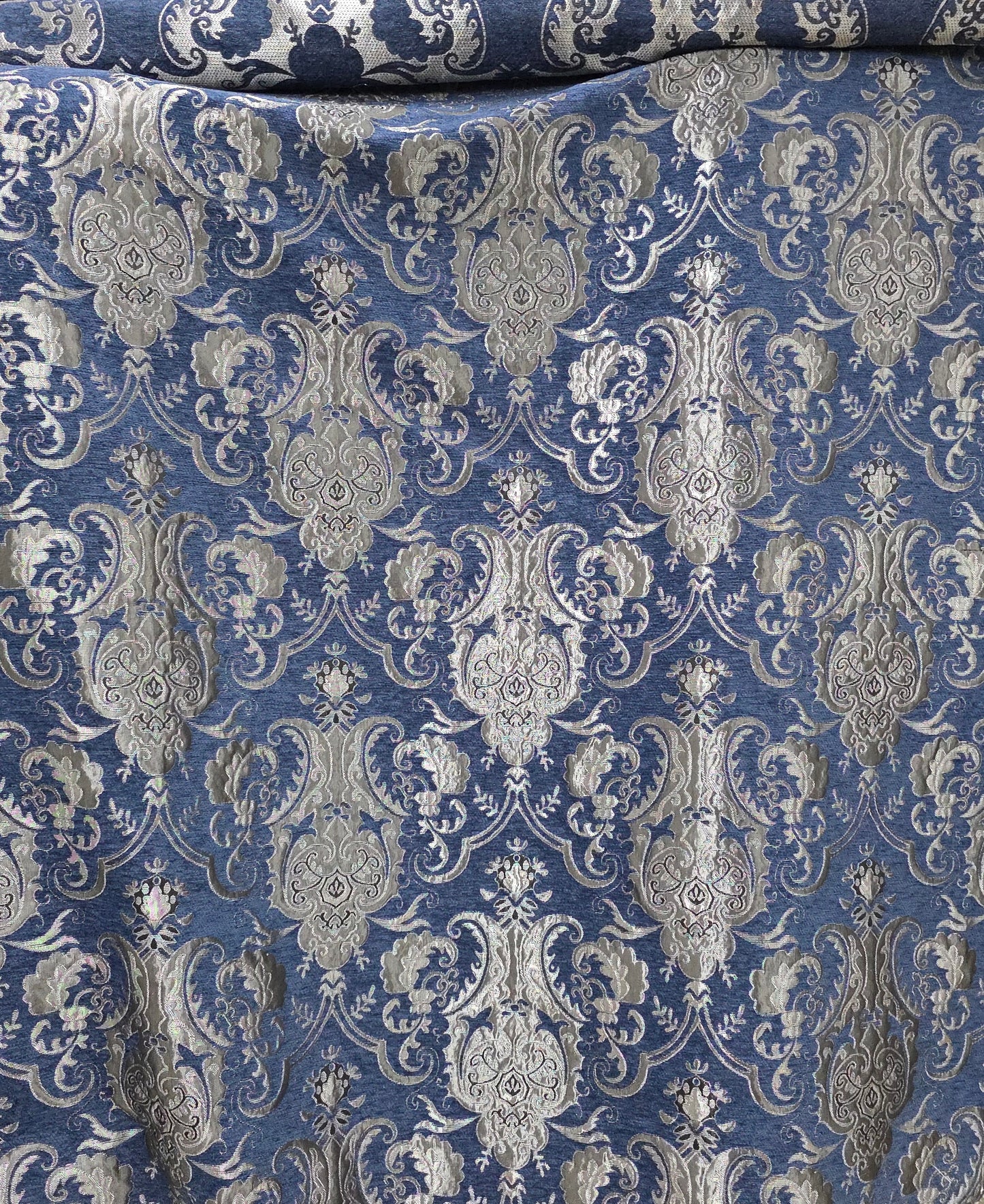 Chenille BAROQUE UPHOLSTERY Fabric Jacquard Damask blue/ silver