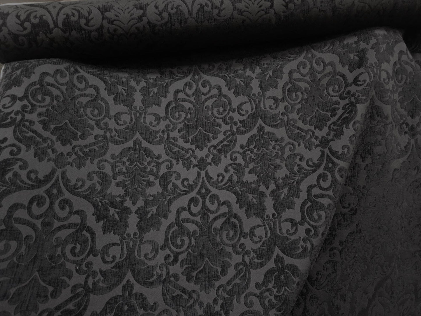 Chenille Fabric Upholstery,  Damask Burnout Chenille Velvet ,Jacquard Damask, 54" wide, color Black/Black , sold by yard in continuous yards