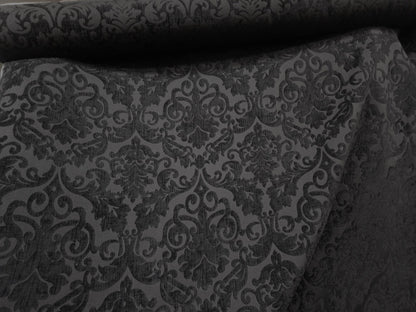 Chenille Fabric Upholstery,  Damask Burnout Chenille Velvet ,Jacquard Damask, 54" wide, color Black/Black , sold by yard in continuous yards