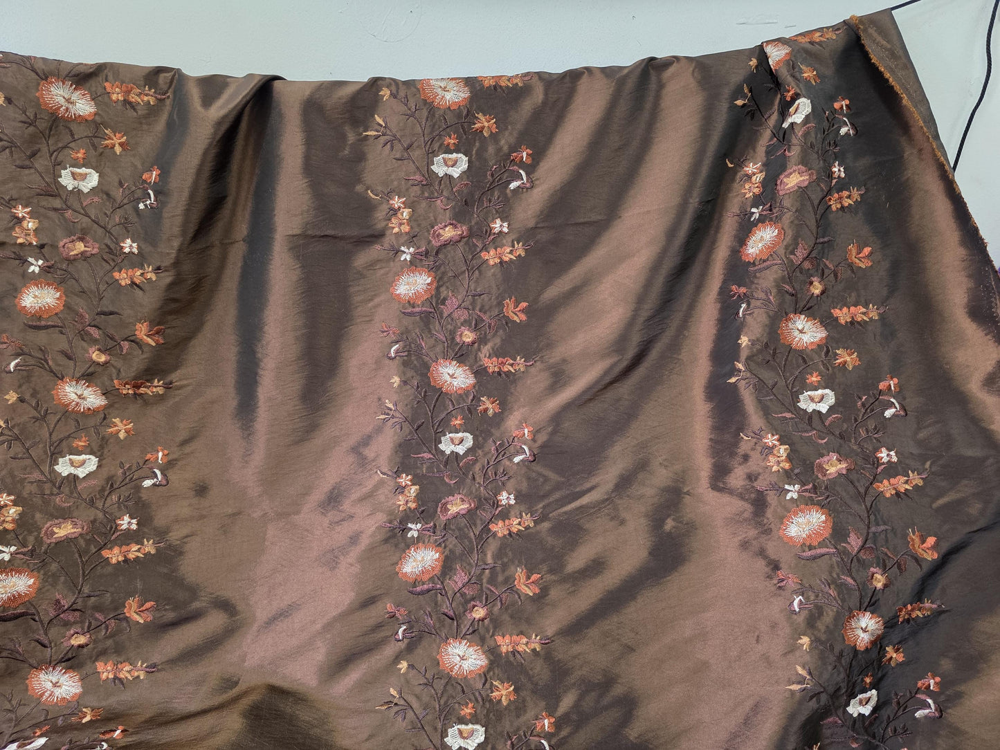 Taffeta chocolate, Two Tone Embroidered 100% Poly Taffeta Silk Like Fabric 58" Wide, sold by yard.