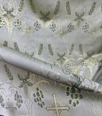 Liturgical Brocade, Green gold, Church Gorgeous Cross Acetate Taffeta Brocade Fabric Cross Metallic Brocade 60" Wide