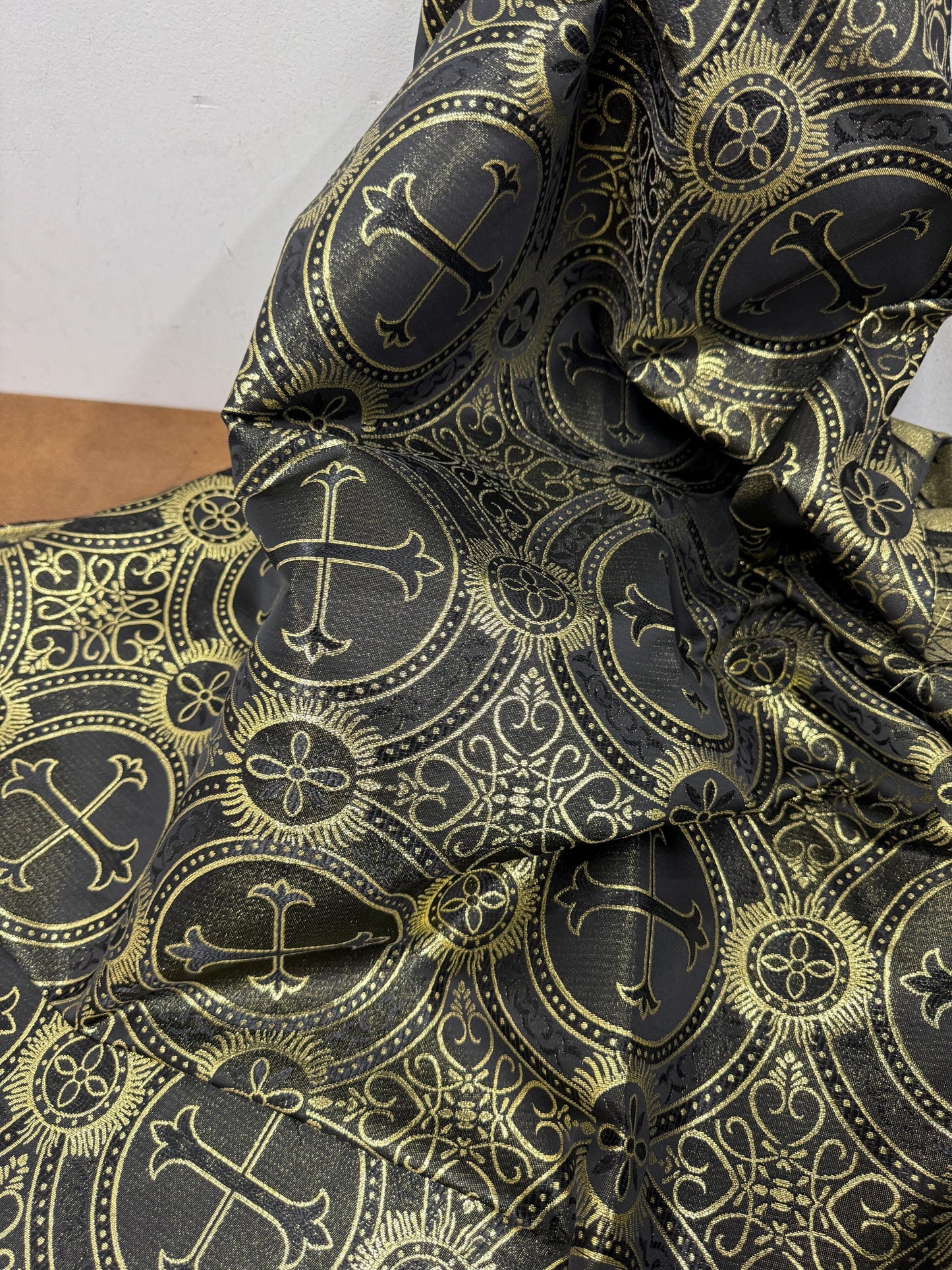 Liturgical Brocade,Church Gorgeous Cross acetate brocade Fabric Cross Brocade Black/Gold 58" Wide
