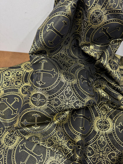 Liturgical Brocade,Church Gorgeous Cross acetate brocade Fabric Cross Brocade Black/Gold 58" Wide
