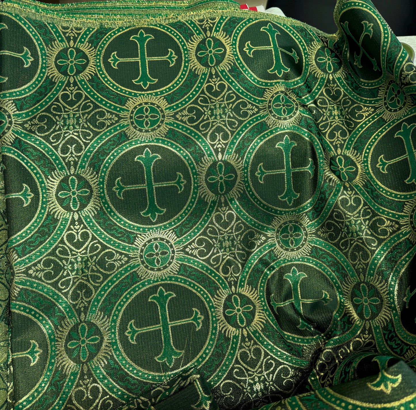 Liturgical Brocade,Church Gorgeous Cross acetate brocade Fabric Cross Brocade Hunter Green/Gold 58" Wide