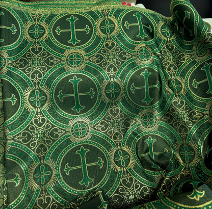 Liturgical Brocade,Church Gorgeous Cross acetate brocade Fabric Cross Brocade Hunter Green/Gold 58" Wide