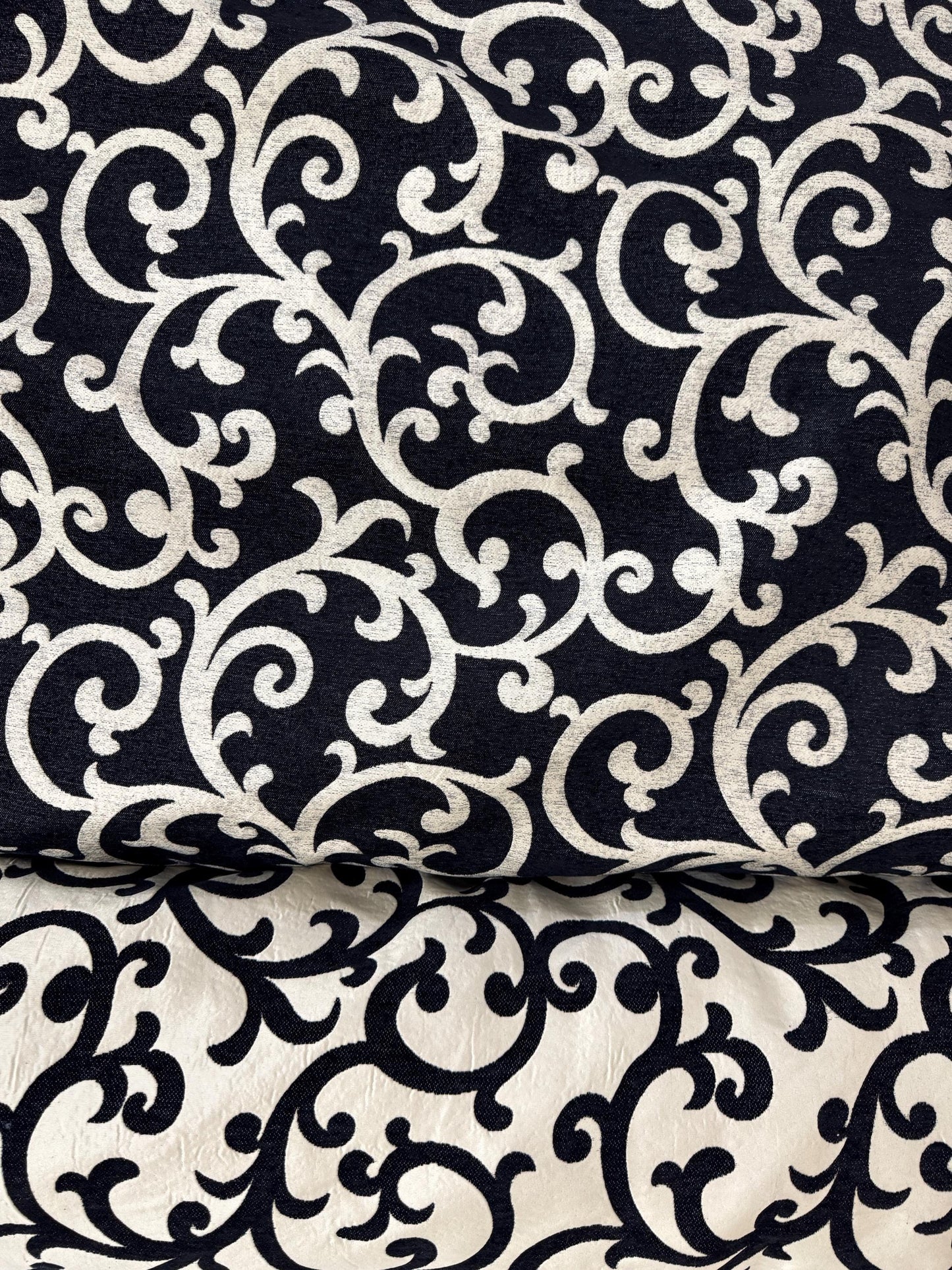 Tapestry chenille fabric Floral Leaf, upholstery fabric, Black/cream, reversible, - 56" width - sold by yard in continuous yards