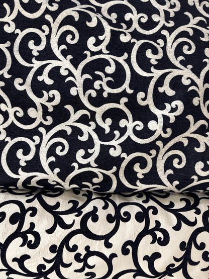 Tapestry chenille fabric Floral Leaf, upholstery fabric, Black/cream, reversible, - 56" width - sold by yard in continuous yards