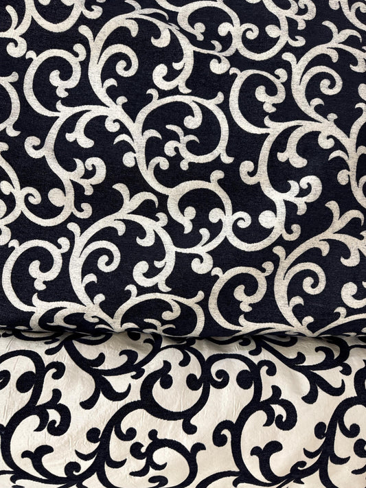 Tapestry chenille fabric Floral Leaf, upholstery fabric, Black/cream, reversible, - 56" width - sold by yard in continuous yards