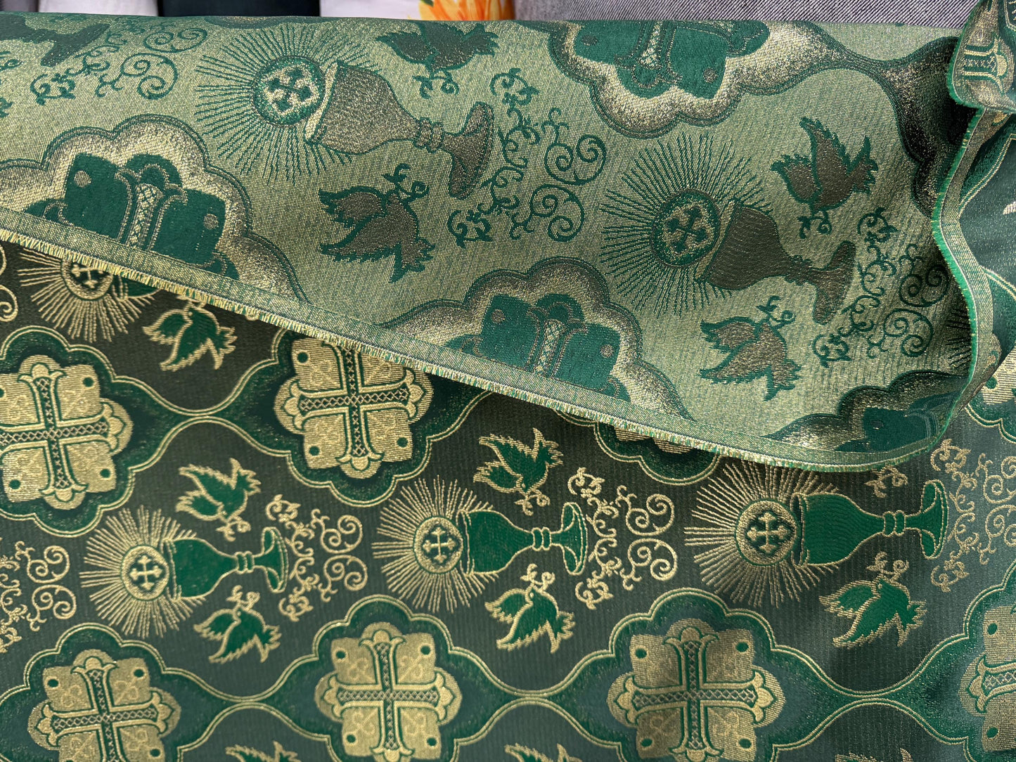 Liturgical Brocade,Church Gorgeous Cross acetate brocade Fabric Cross Brocade Green/ Gold 58" Wide