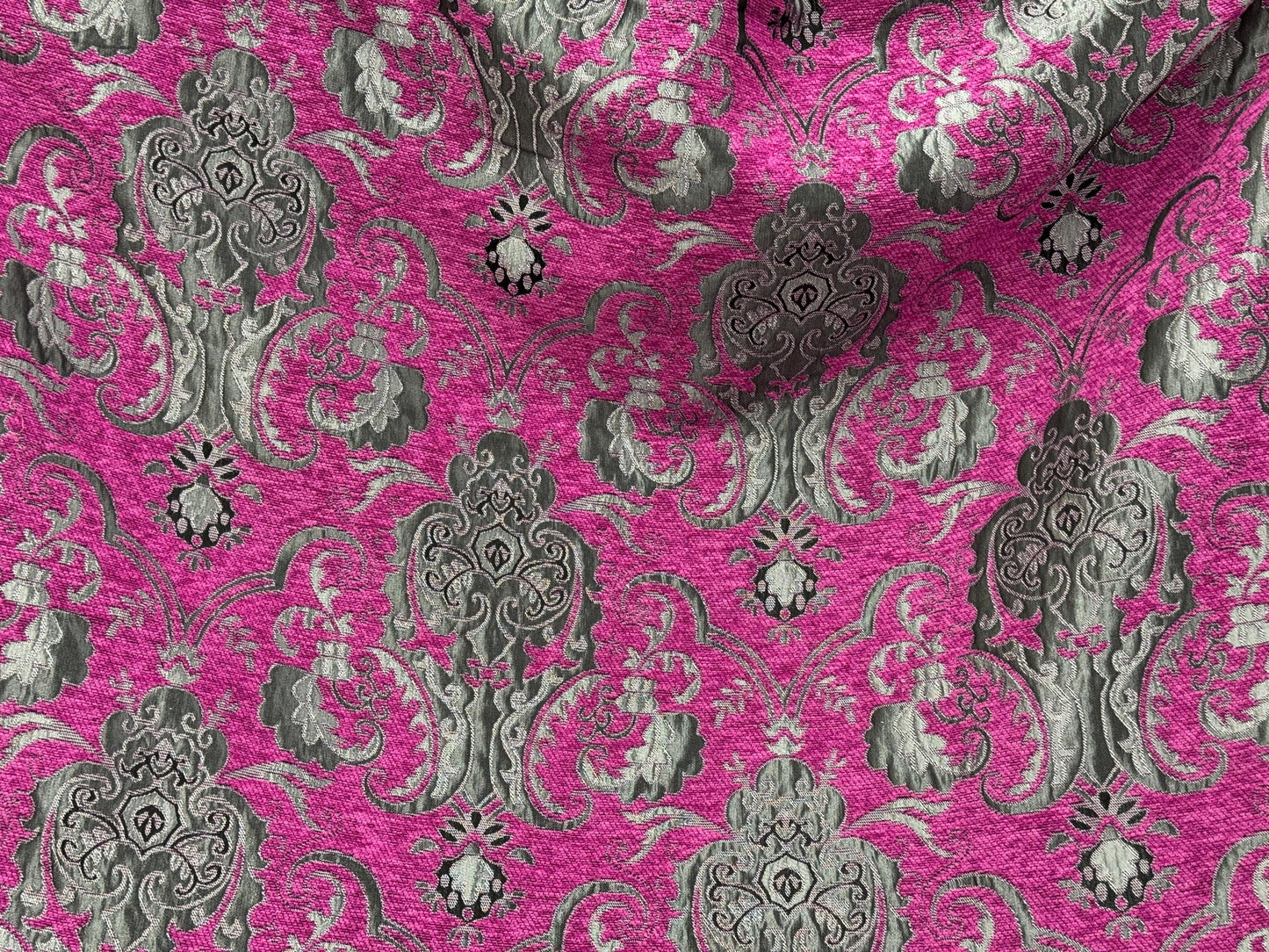 Chenille, BAROQUE UPHOLSTERY Fabric Jacquard, Damask, 58" wide ,color pink/silver, sold by yard in continuous yards
