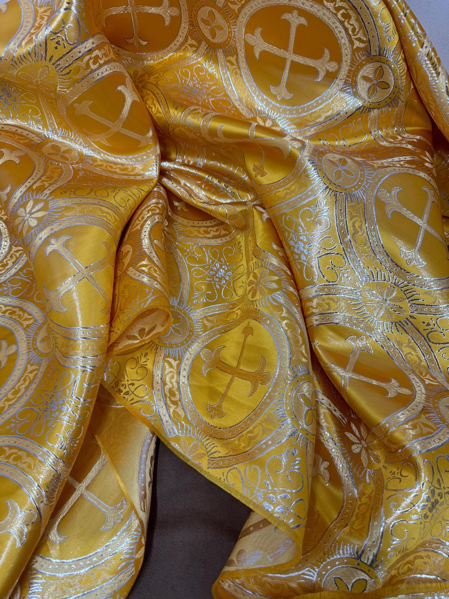 Liturgical Brocade,Church Gorgeous Cross acetate brocade Fabric Cross Brocade Gold/Silver 52" Wide