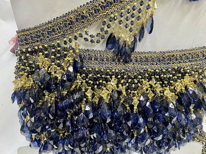 Beaded Trim Fringe W/Gimp Top Sold by The Yard - Navy Blue/Gold