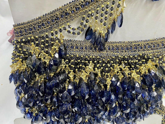 Beaded Trim Fringe W/Gimp Top Sold by The Yard - Navy Blue/Gold