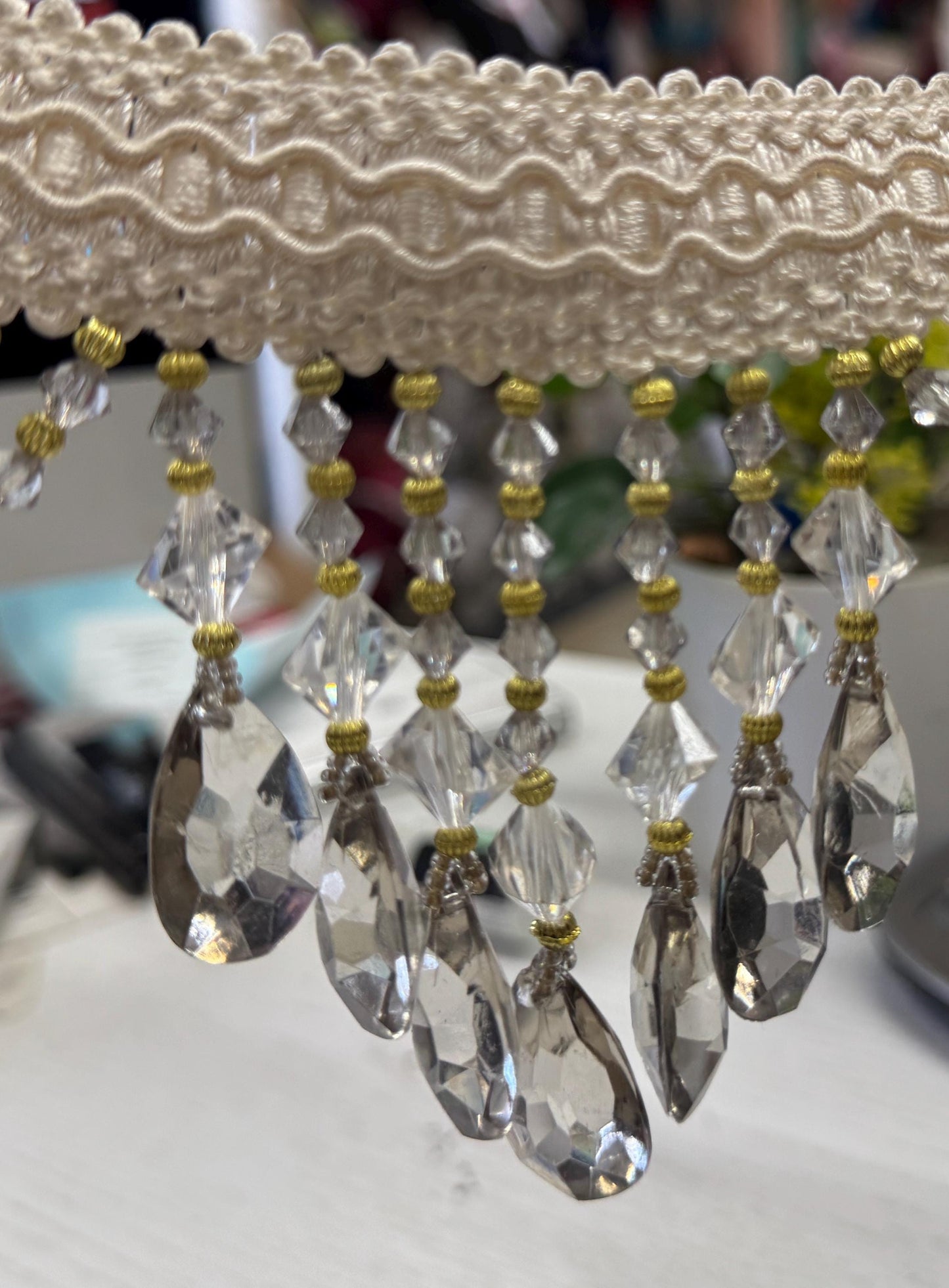 Beaded Trim Fringe 4'' L, W/Gimp Top Sold by The Yard - smoke Silver/ivory color,  Brand: ad fabric