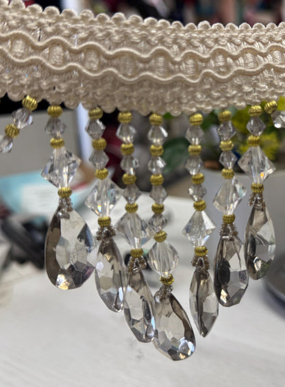 Beaded Trim Fringe 4'' L, W/Gimp Top Sold by The Yard - smoke Silver/ivory color,  Brand: ad fabric