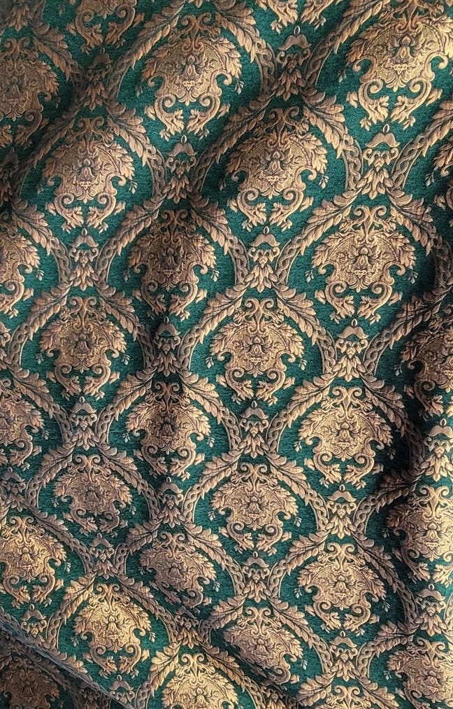 Chenille BAROQUE UPHOLSTERY Fabric Jacquard Damask, 58" wide ,color Green/gold, Reversible, sold by yard in continuous yards