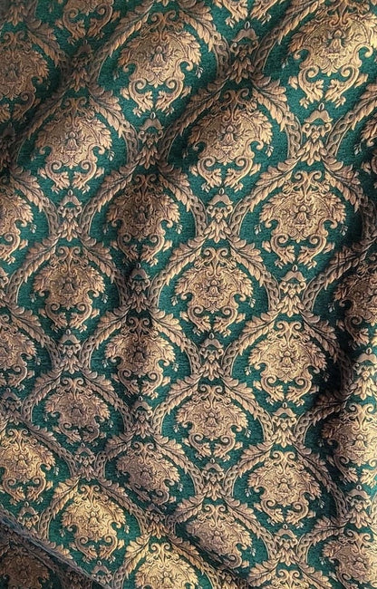 Chenille BAROQUE UPHOLSTERY Fabric Jacquard Damask, 58" wide ,color Green/gold, Reversible, sold by yard in continuous yards