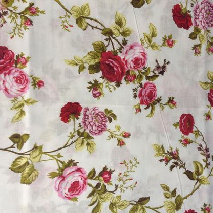ad Poly Cotton 58 Inch Fabric White Floral Roses Blue Sold by The Yard