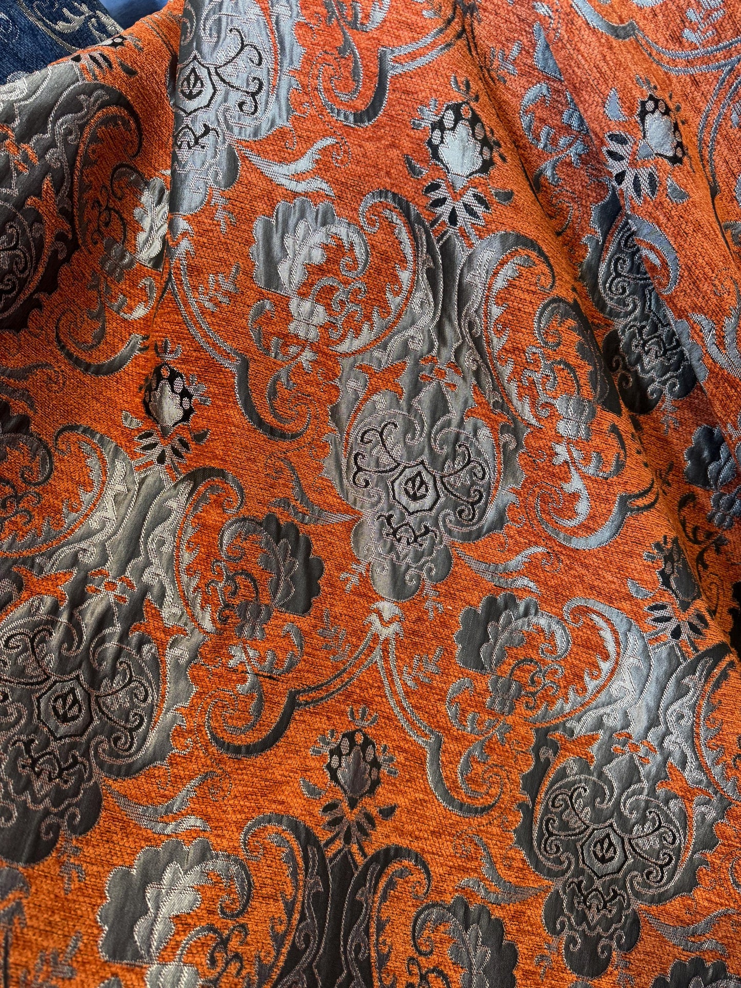 Chenille, BAROQUE UPHOLSTERY Fabric Jacquard, Damask, 58" wide ,color Rust /silver, sold by yard in continuous yards