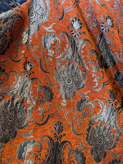 Chenille, BAROQUE UPHOLSTERY Fabric Jacquard, Damask, 58" wide ,color Rust /silver, sold by yard in continuous yards