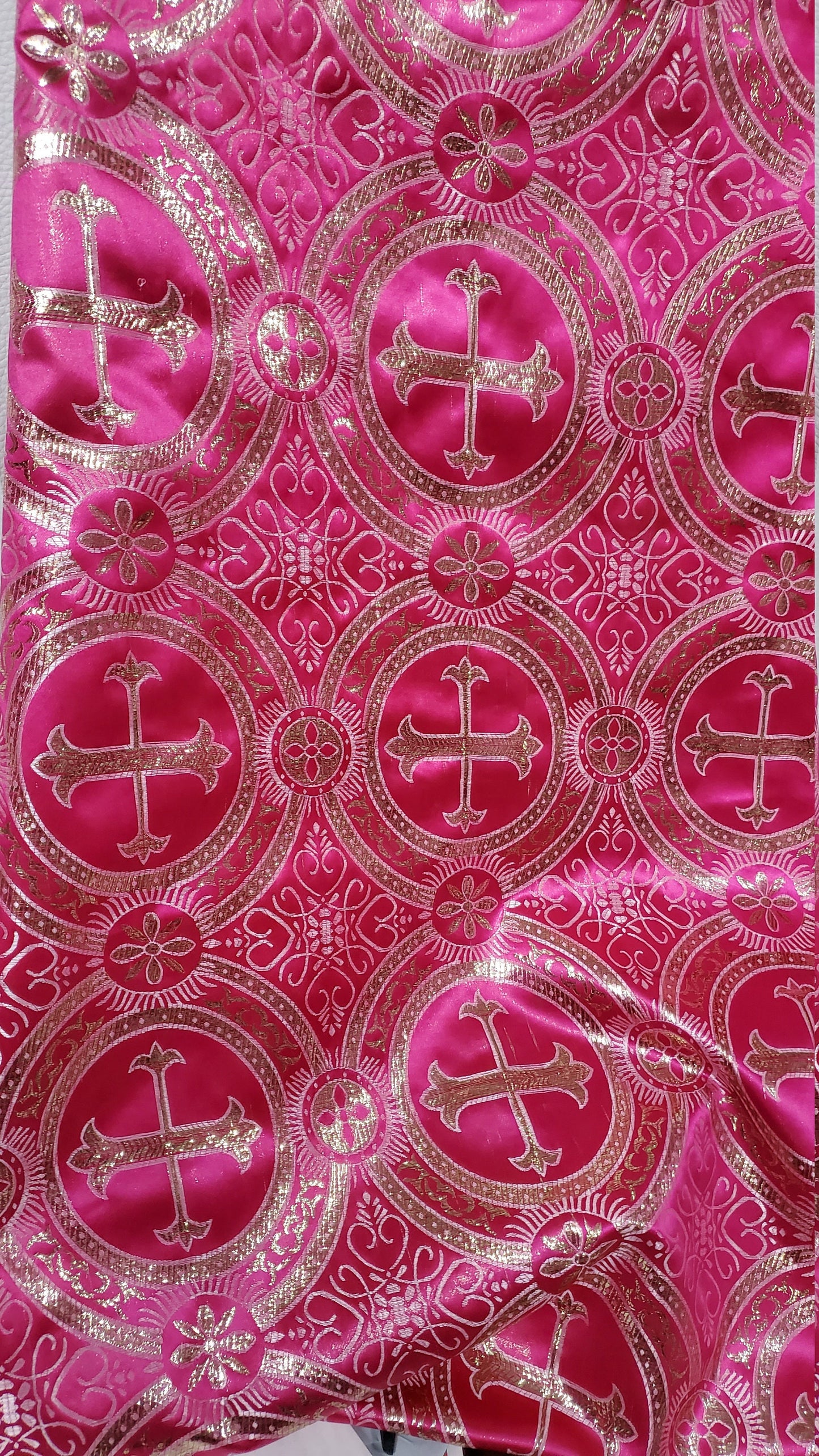 Liturgical Brocade,Church Gorgeous Cross acetatebrocade Fabric Cross Brocade Fuschia/Gold 52" Wide