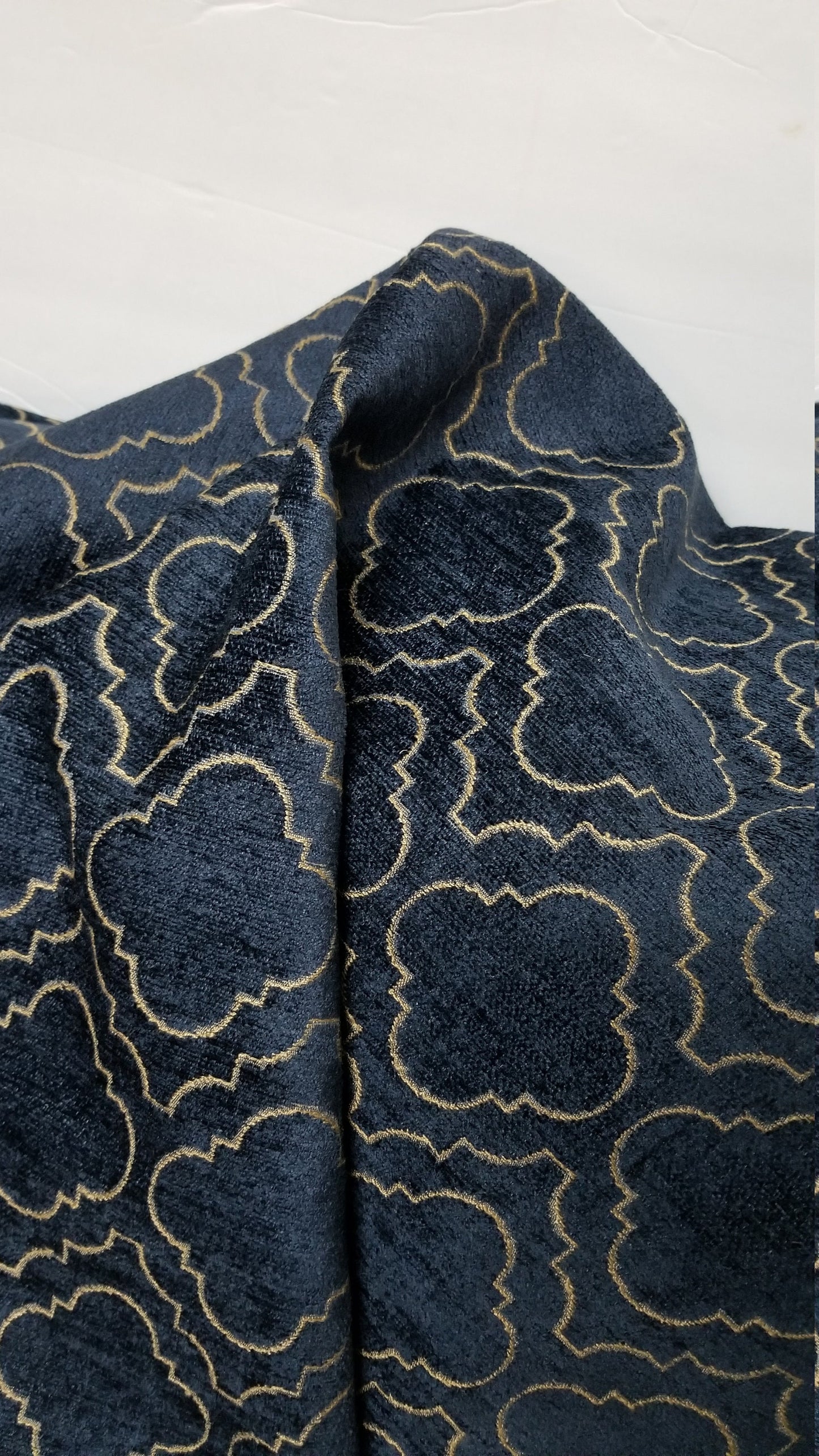 Chenille Diamond UPHOLSTERY Fabric Jacquard Damask, Color Blue/Gold,  58" wide , sold by yard in continuous yards