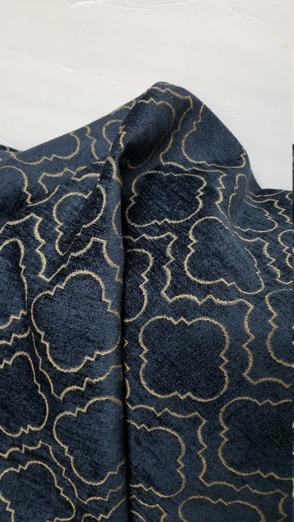 Chenille Diamond UPHOLSTERY Fabric Jacquard Damask, Color Blue/Gold,  58" wide , sold by yard in continuous yards