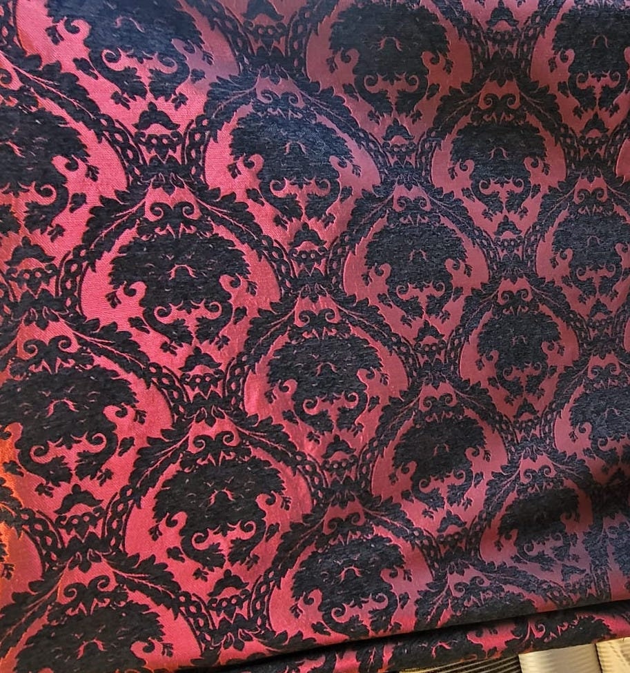 Chenille BAROQUE UPHOLSTERY Fabric Jacquard Damask, 58" wide ,color Red/Black, Reversible, sold by yard in continuous yards