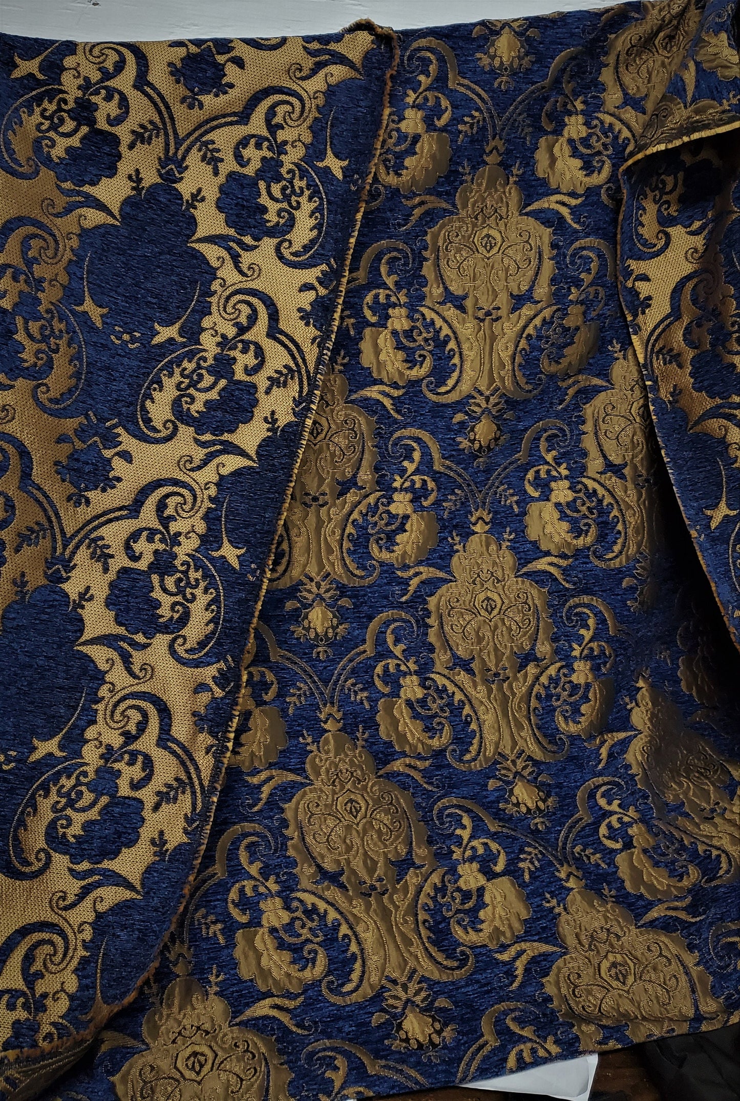 Chenille BAROQUE UPHOLSTERY Fabric Jacquard Damask, 58" wide ,color Blue/Gold, sold by yard in continuous yards