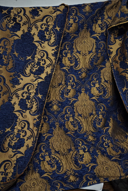 Chenille BAROQUE UPHOLSTERY Fabric Jacquard Damask, 58" wide ,color Blue/Gold, sold by yard in continuous yards