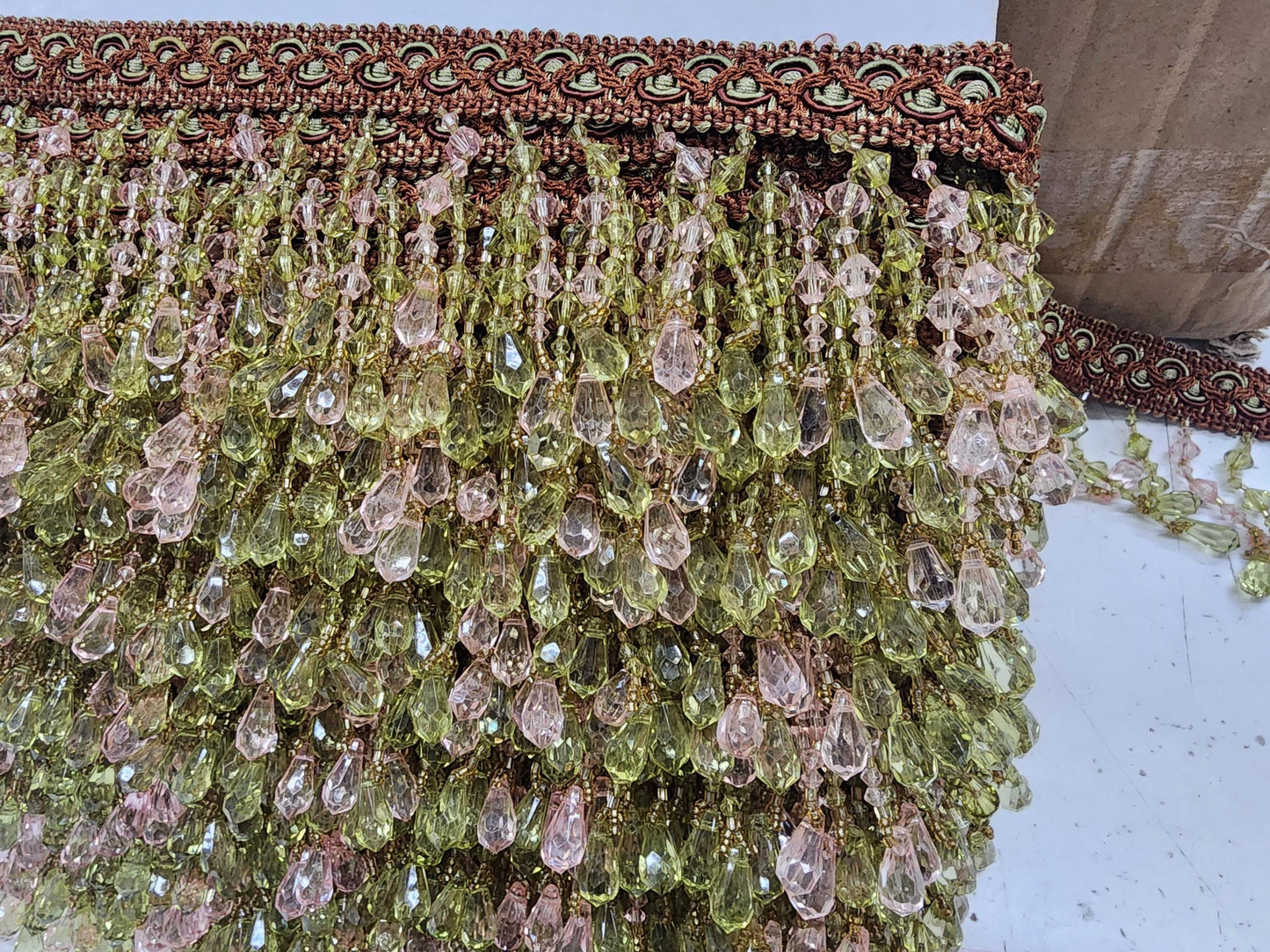 Braided Hanging Beads, Color brown/green/pink  Tassel Trim Fringe Fabric Ribbon Trimming Handwork Craft Sewing Accessory sold by yard