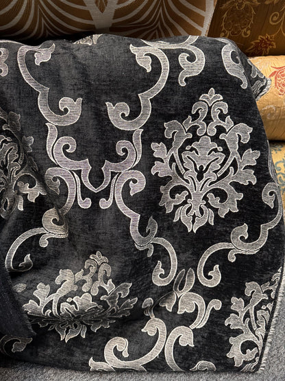 Chenille BAROQUE UPHOLSTERY Fabric Jacquard Damask, 58" wide ,color Black/Silver sold by yard in continuous yards