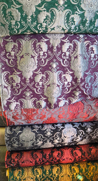 Chenille BAROQUE UPHOLSTERY Fabric Jacquard Damask, 58" wide ,color Green/silver, sold by yard in continuous yards
