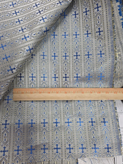 Liturgical Brocade,Church Gorgeous Cross acetate brocade Fabric Cross Brocade blue Gold 58" Wide