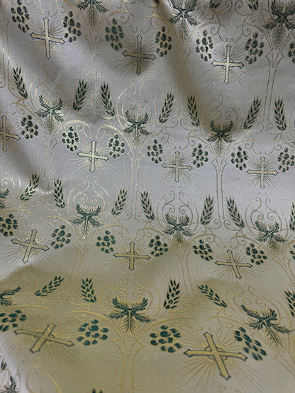 Liturgical Brocade, Green gold, Church Gorgeous Cross Acetate Taffeta Brocade Fabric Cross Metallic Brocade 60" Wide