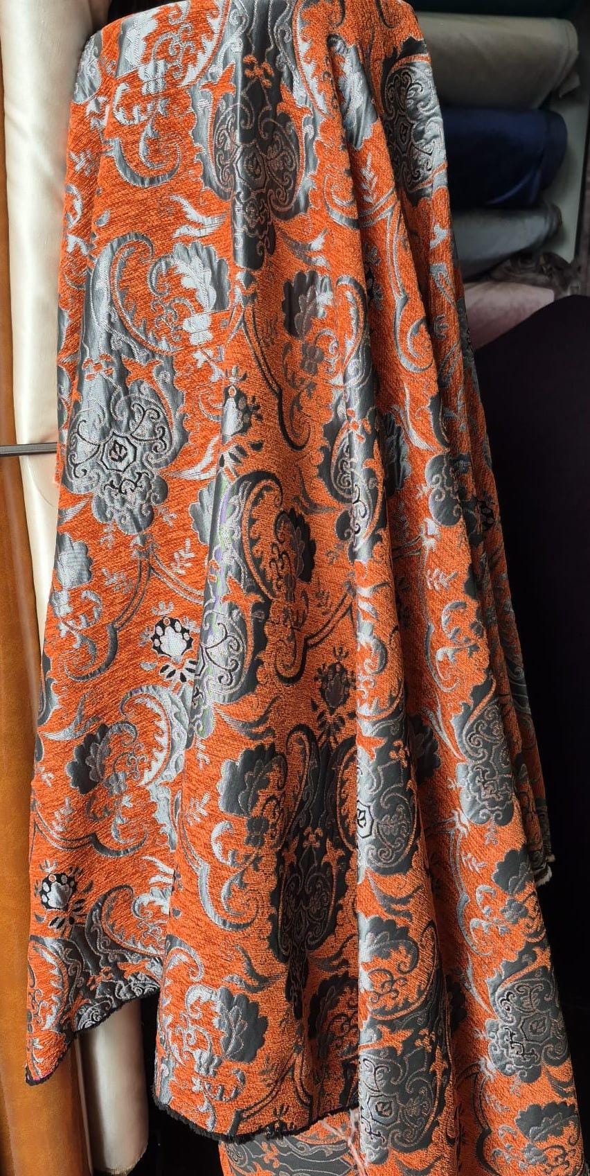 Chenille, BAROQUE UPHOLSTERY Fabric Jacquard, Damask, 58" wide ,color Rust /silver, sold by yard in continuous yards