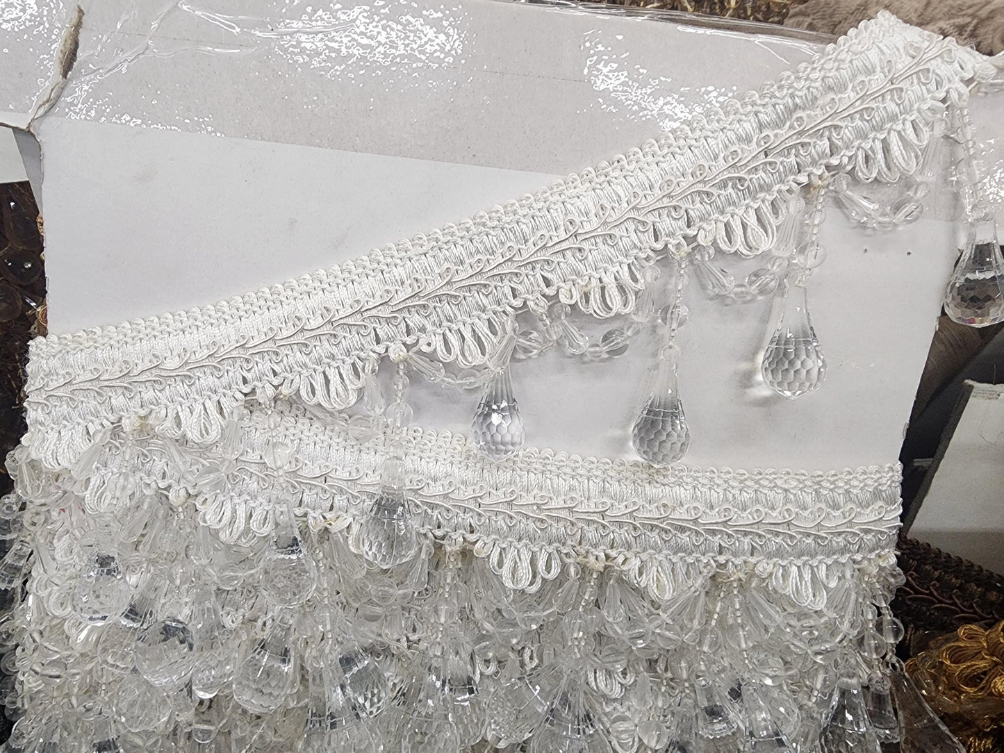 Beaded Trim Fringe 4'' L, W/Gimp Top Sold by The Yard - white color