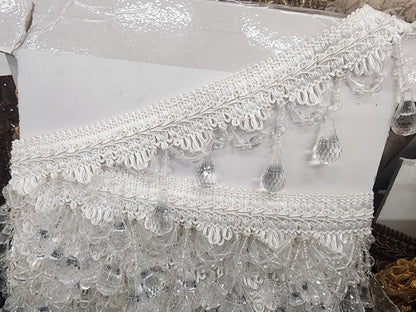 Beaded Trim Fringe 4'' L, W/Gimp Top Sold by The Yard - white color