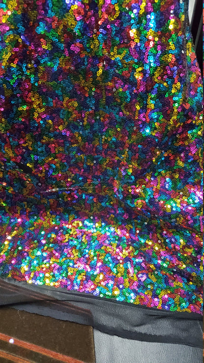 RAINBOW Sequins,Glitters Multi Color Sequins , on BLACK Mesh Fabric by the Yard, 54" wide