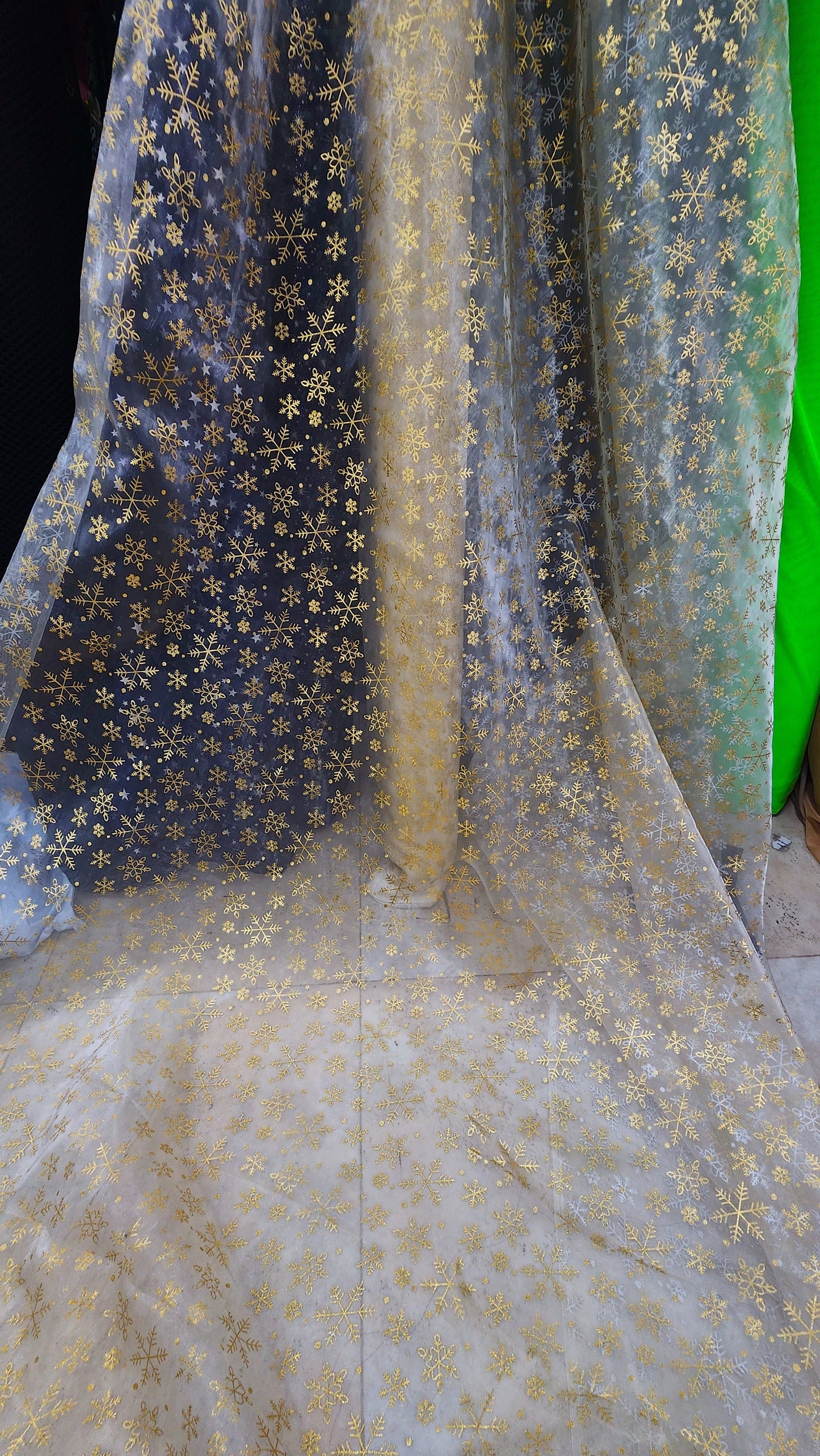 snowflakes Star Bursts Sheer Organza Gold 58" Inch Wide Fabric by The Yard
