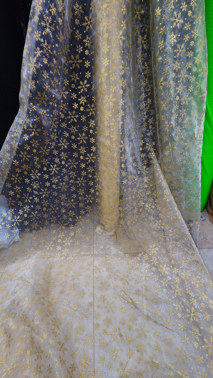 snowflakes Star Bursts Sheer Organza Gold 58" Inch Wide Fabric by The Yard