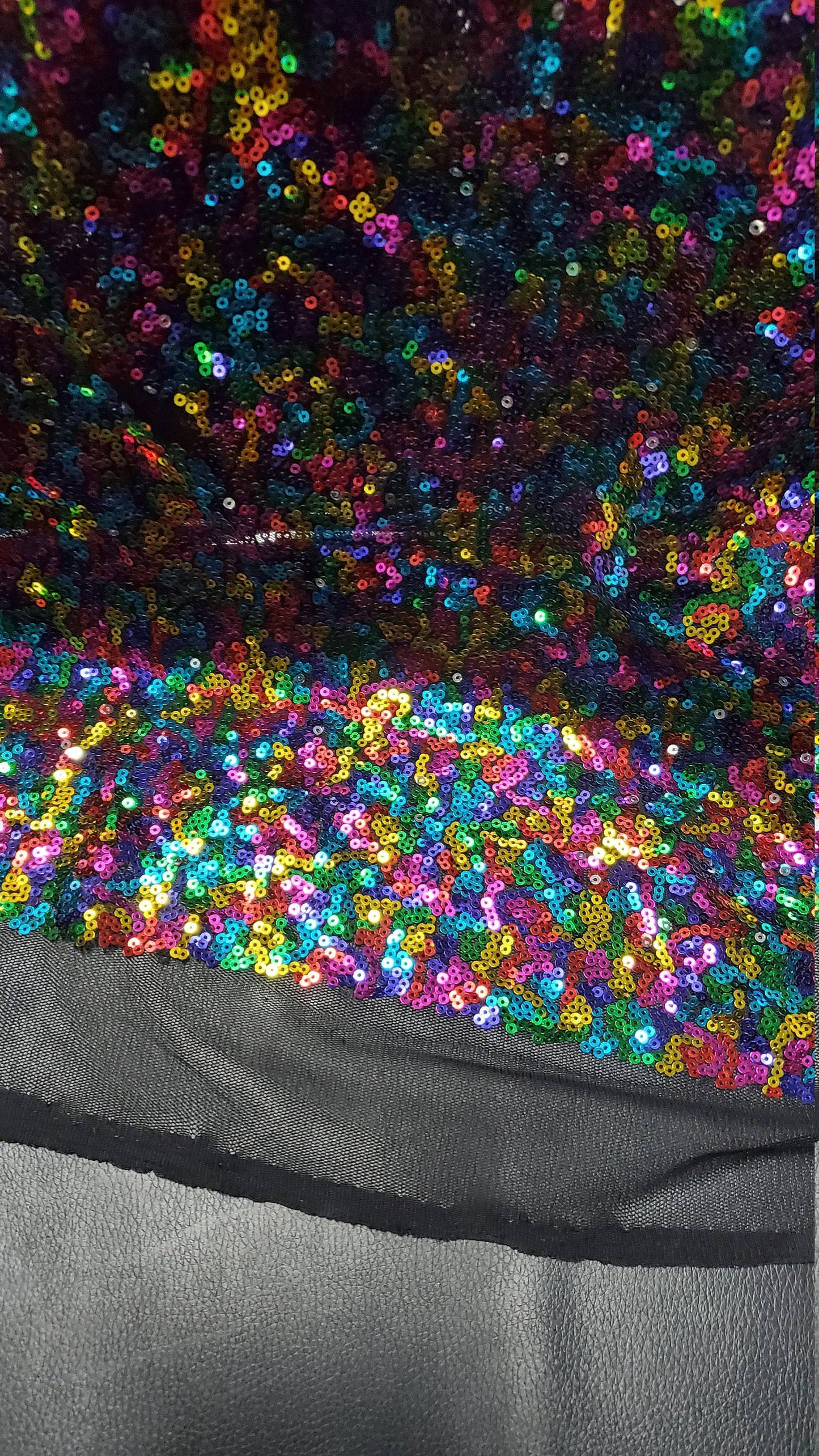 RAINBOW Sequins,Glitters Multi Color Sequins , on BLACK Mesh Fabric by the Yard, 54" wide