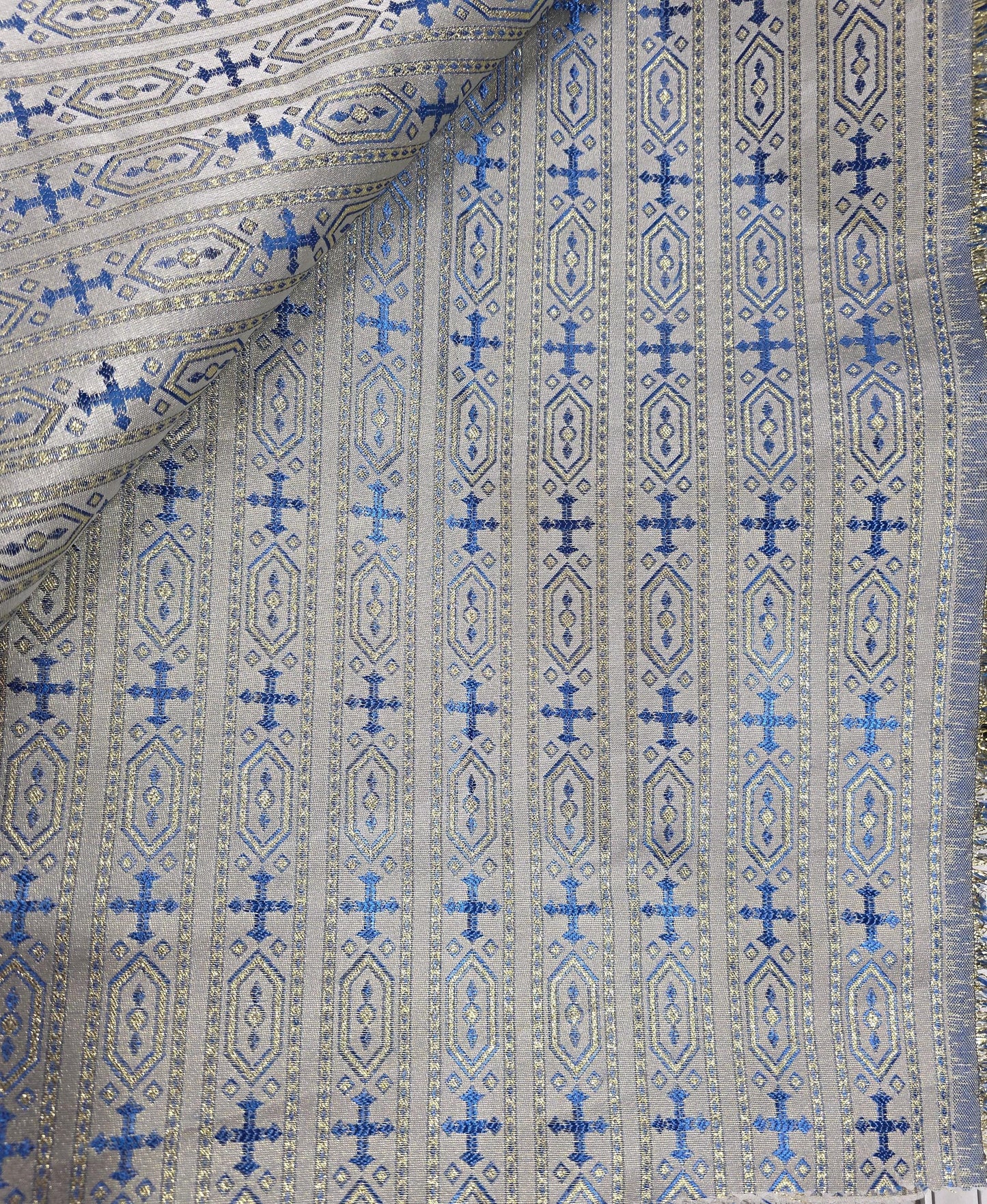 Liturgical Brocade,Church Gorgeous Cross acetate brocade Fabric Cross Brocade blue Gold 58" Wide