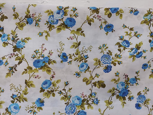 ad Poly Cotton 58 Inch Fabric White Floral Roses Blue Sold by The Yard