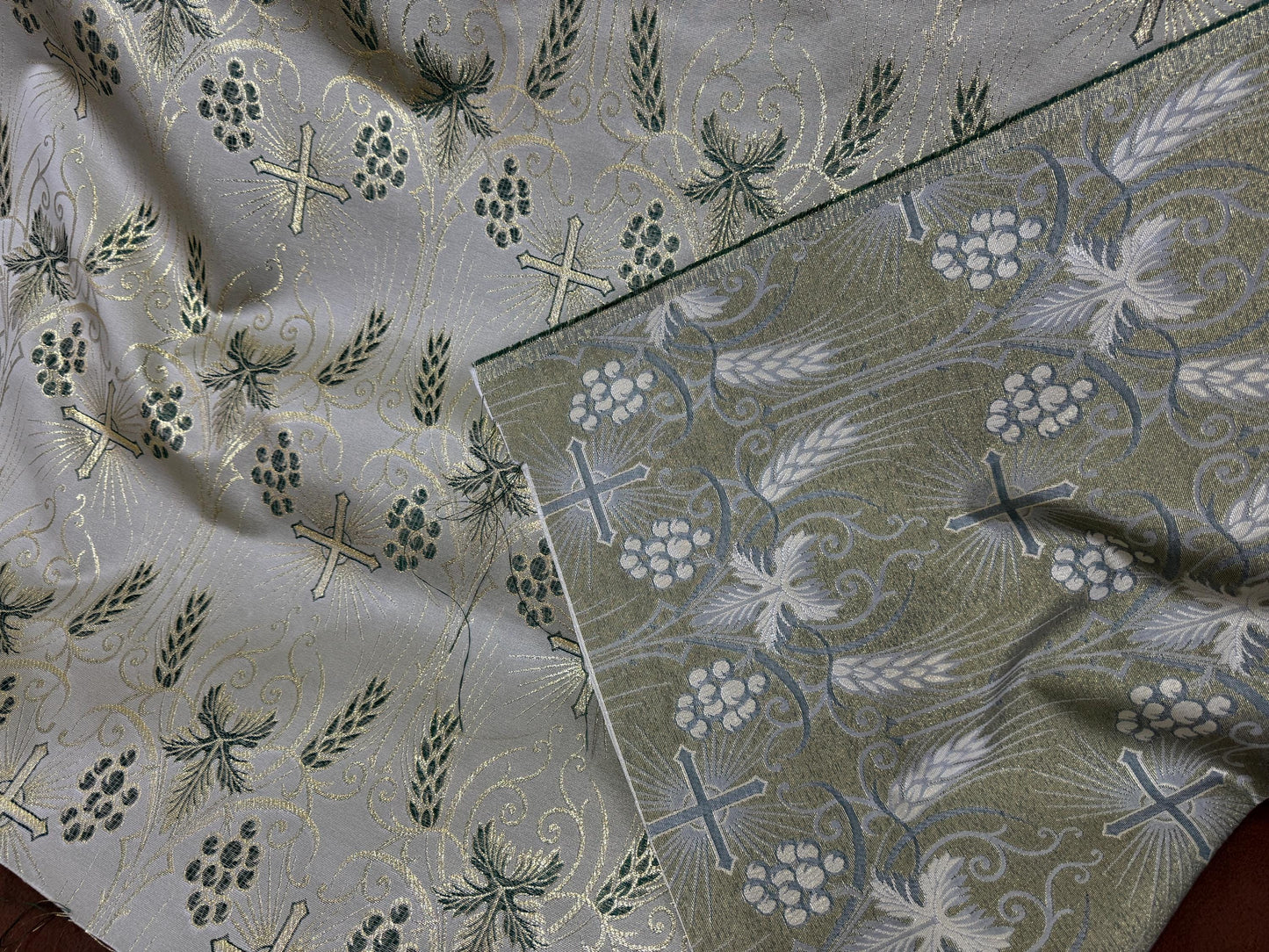 Liturgical Brocade, Green gold, Church Gorgeous Cross Acetate Taffeta Brocade Fabric Cross Metallic Brocade 60" Wide