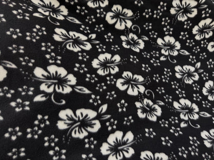Hawaiian White Hibiscus Foliage Black Fleece Fabric / 60" Wide/Sold by The Yard